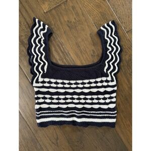 NWOT Blu Pepper Navy White Knit Crop Top Ruffle Strap Geometric Boho Small